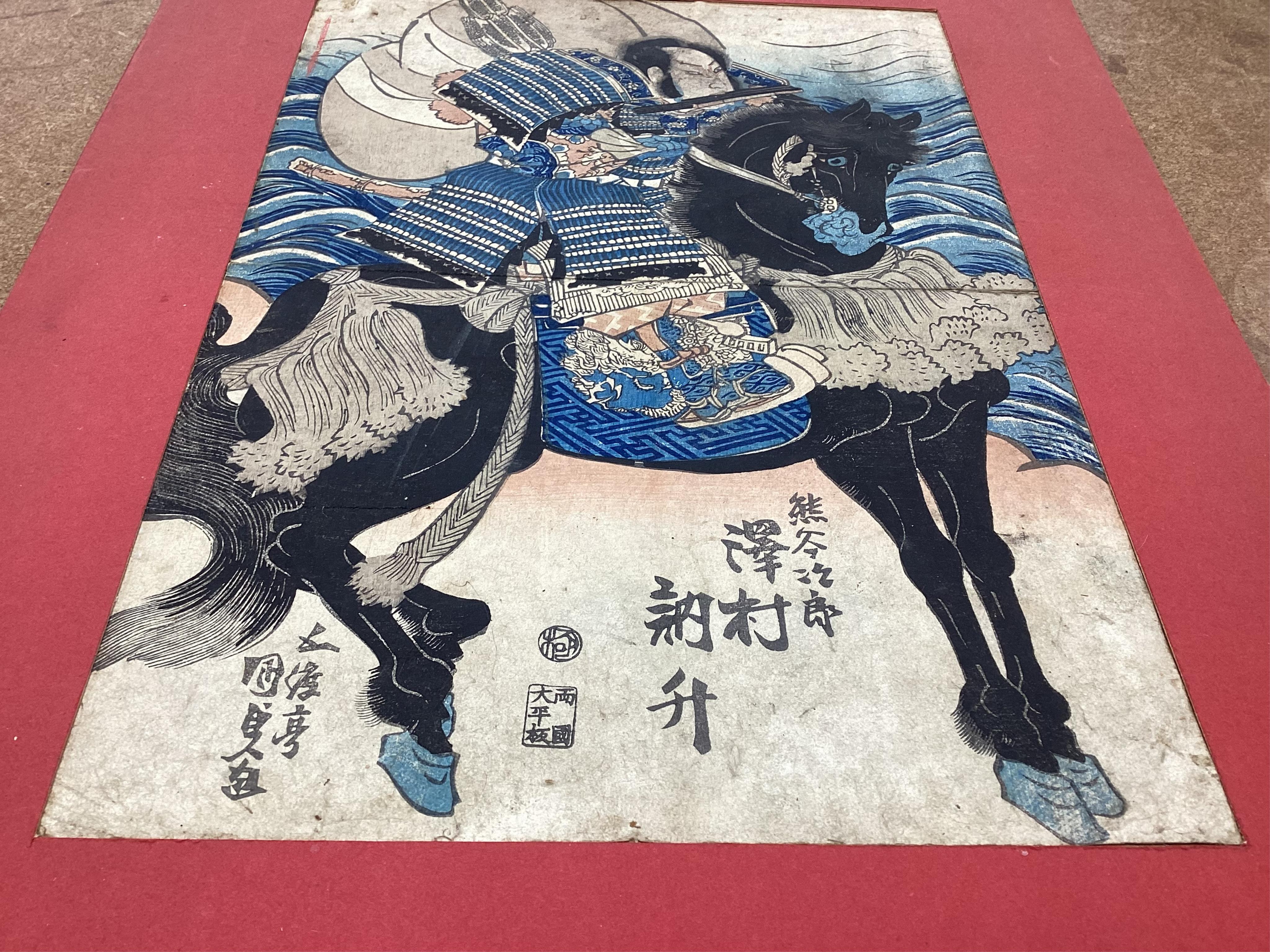 A collection of Japanese woodblock prints comprising Utagawa Kuniyoshi (1797-1861), After Utagawa Kuniyoshi, ‘Benkei on the Boat’ and another depicting a Samurai warrior on horseback, mounted, unframed, largest 35 x 24cm